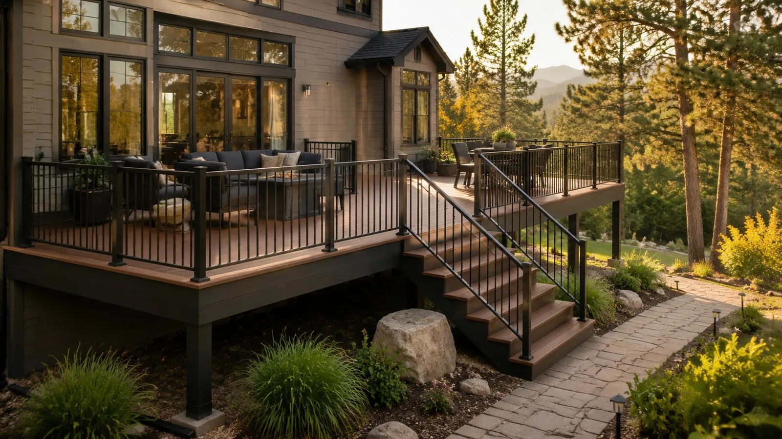 Premium custom composite deck with black metal railings, staircase, and landscaped outdoor living space in Colorado.