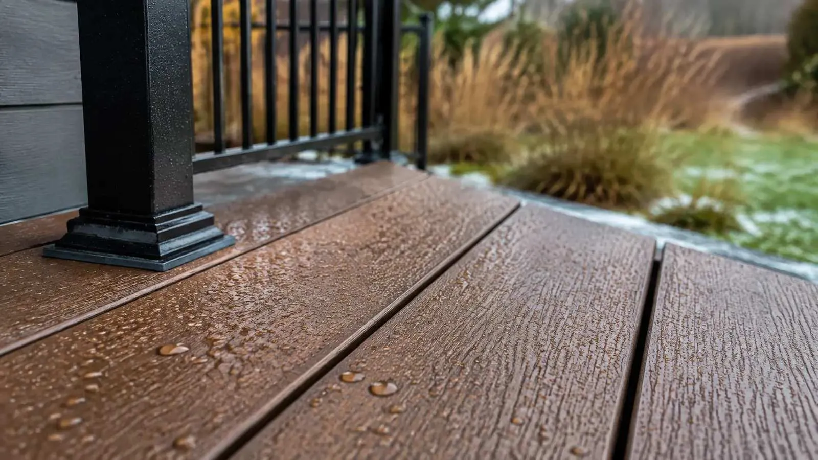 Weather-Resistant Composite Decking in Colorado Water beading on brown composite decking with a black aluminum railing post, weather-resistant materials that help a custom deck last in Colorado