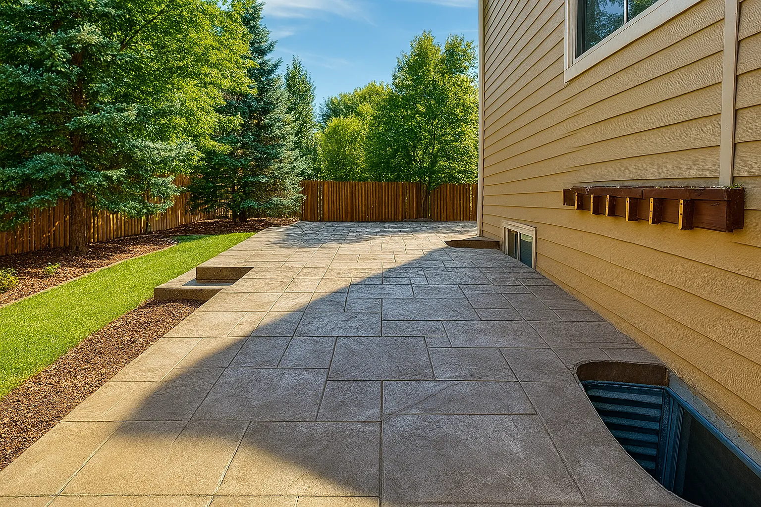 ChatGPT Image 21 de jul. de 2025, 16_50_13 A freshly installed stamped concrete patio with a clean, modern layout featuring rectangular patterns in neutral tones, positioned beside a tan-colored house with basement window wells, creating a smooth and durable outdoor surface ideal for backyard use.