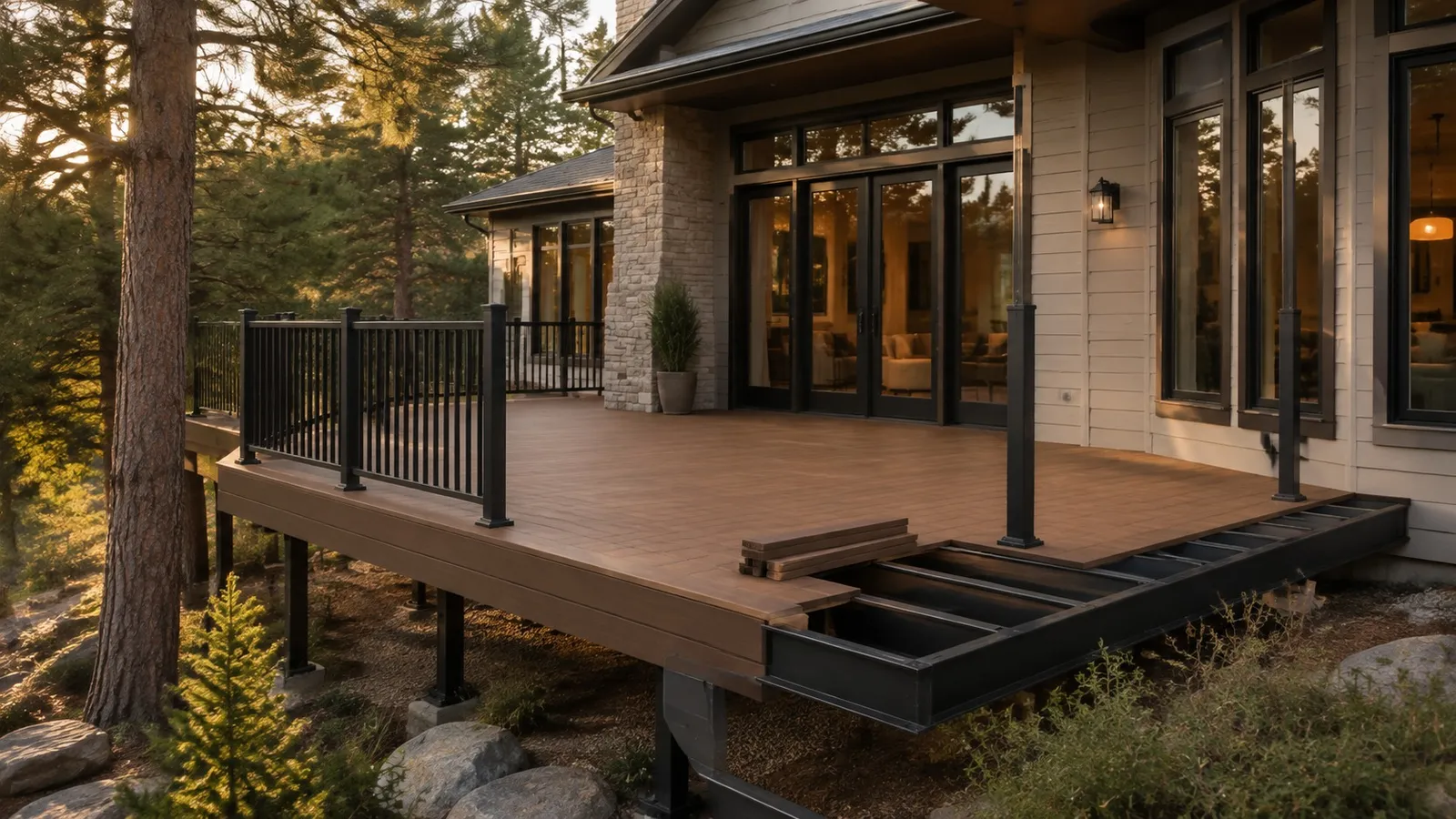 Custom deck in Colorado under construction, with a builder installing composite decking over black aluminum framing