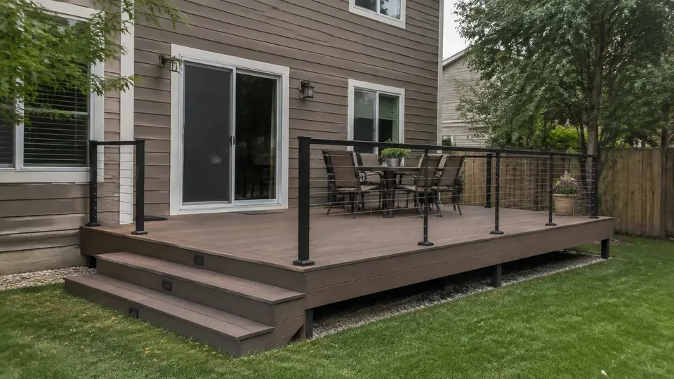 Finished custom composite deck with black railings at a Colorado residential home.