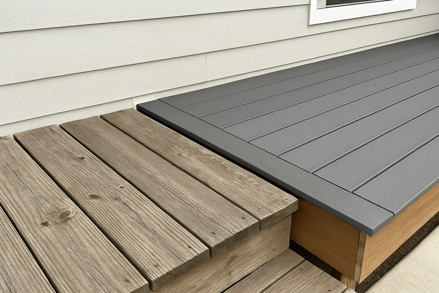 safety-comparison-wood-vs-composite-decking Side-by-side view of old splintered wood decking and smooth composite decking near a home, highlighting safety and comfort differences