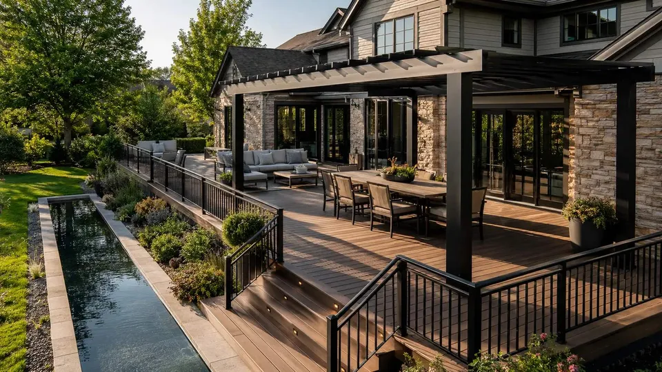 Luxury Colorado deck with a black pergola providing shade during summer