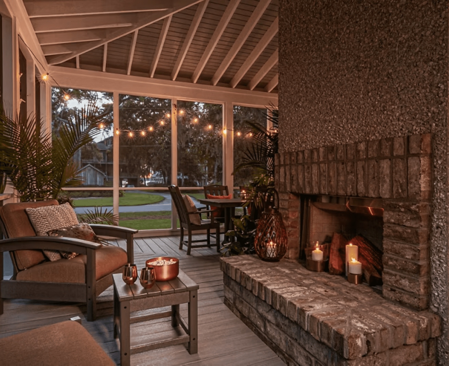 Enclosed deck with a cozy fireplace for enjoyment