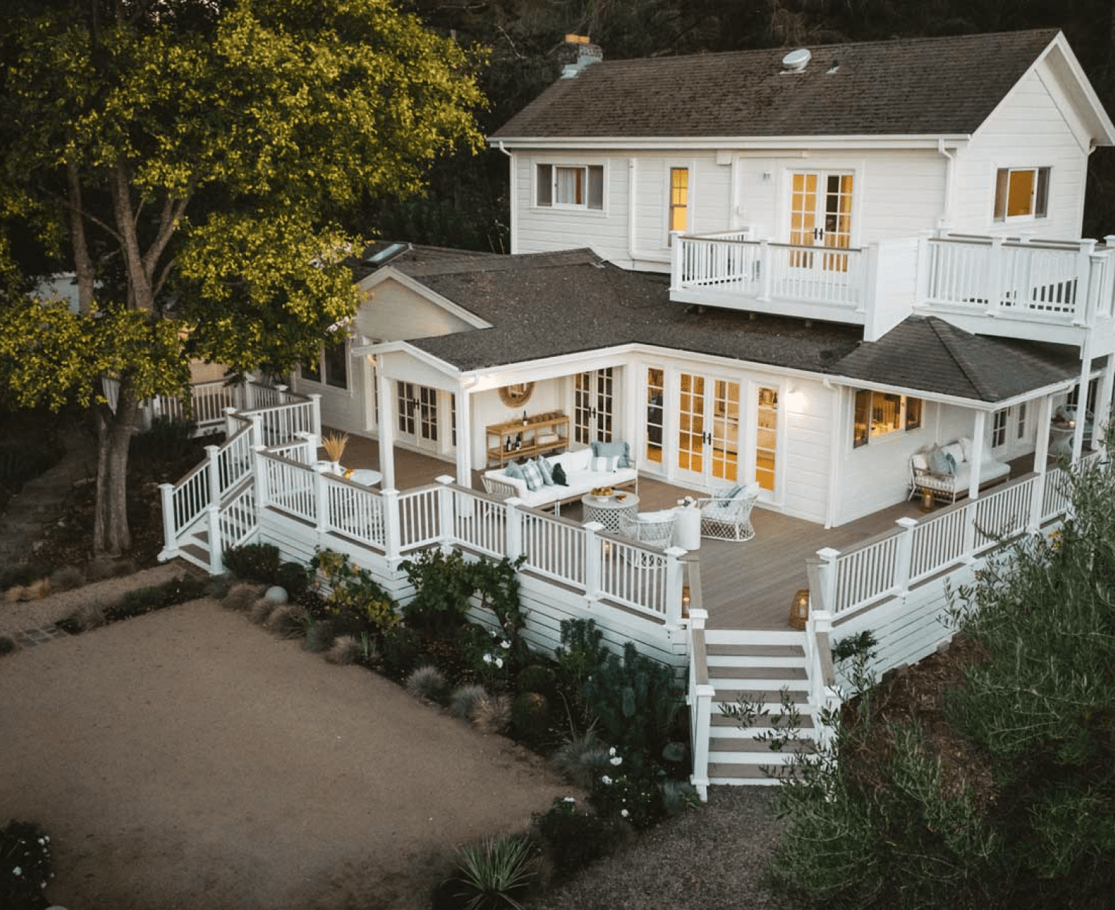 Wrap around deck with cozy outdoor seating area