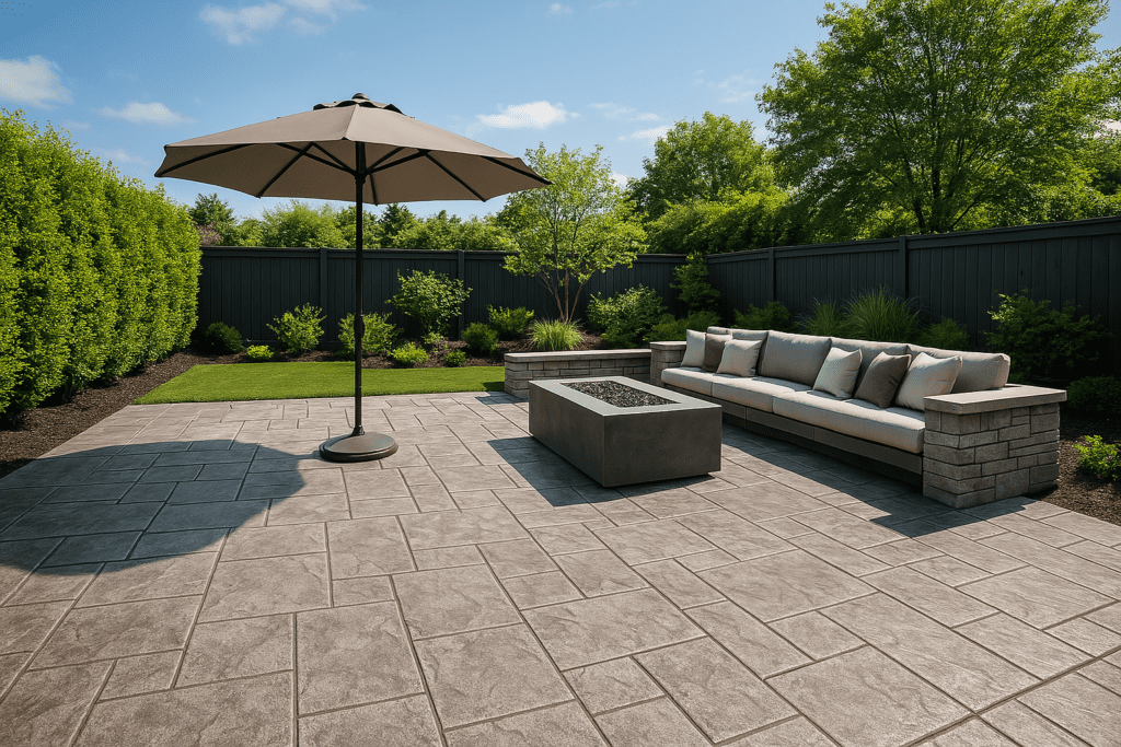 Concrete in outdoor spaces. Wide view of a modern stamped concrete patio with integrated seating area