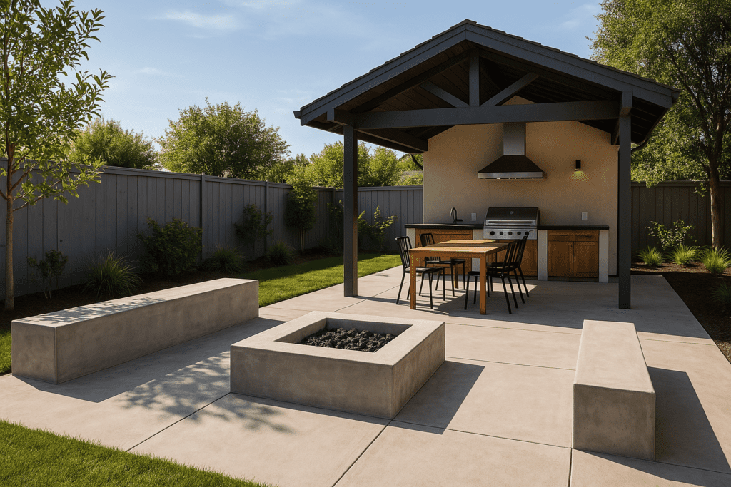 Concrete patio with integrated gourmet area and built-in benches. Concrete in outdoor spaces.