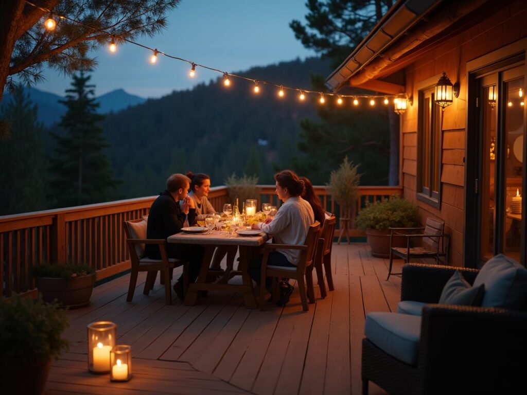 Family having dinner on a personalized backyard deck with warm lighting