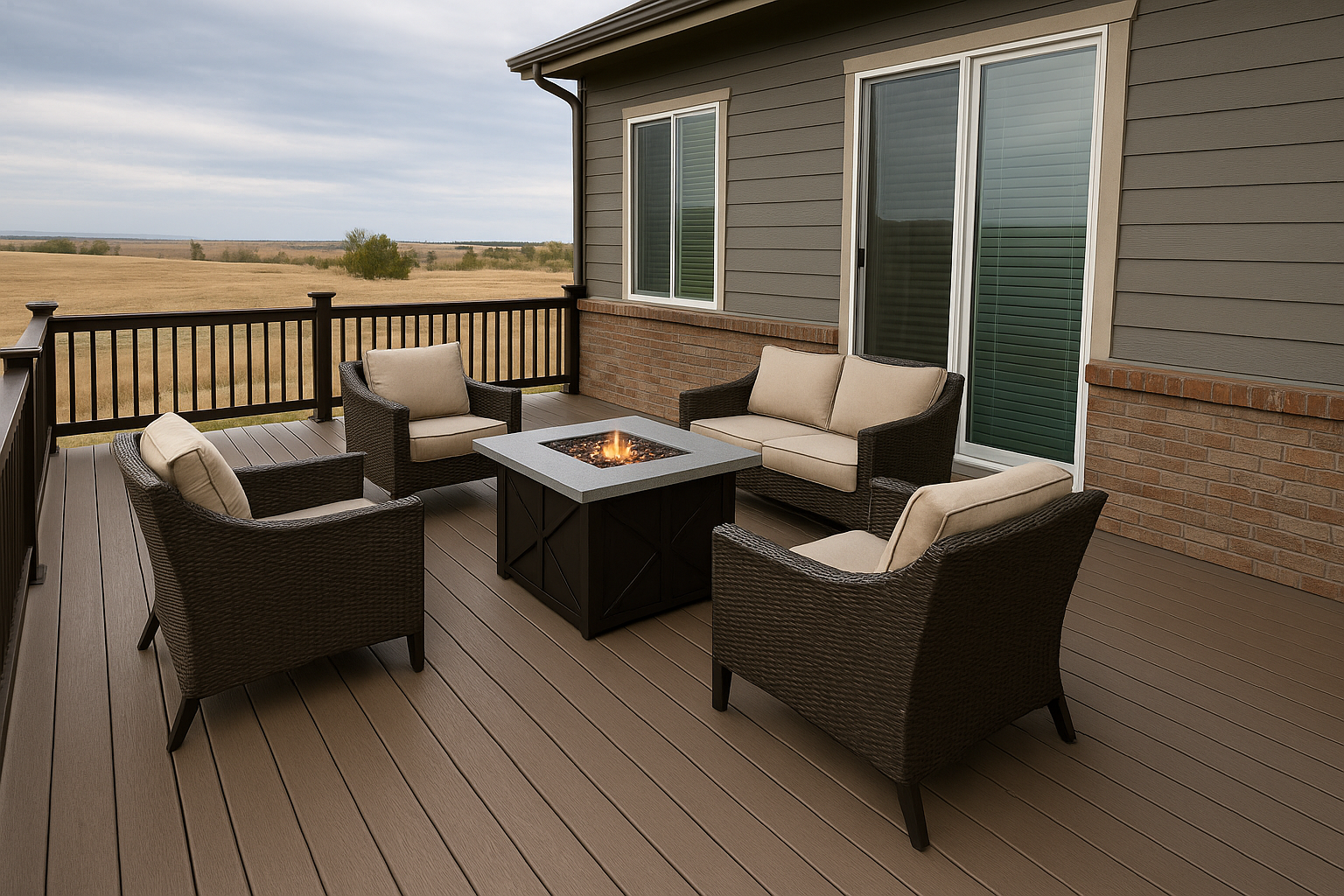 A spacious composite deck with a fire pit and cushioned seating, overlooking open fields in a Colorado backyard