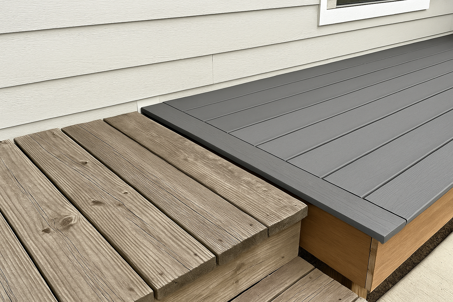 Side-by-side view of old splintered wood decking and smooth composite decking near a home, highlighting safety and comfort differences