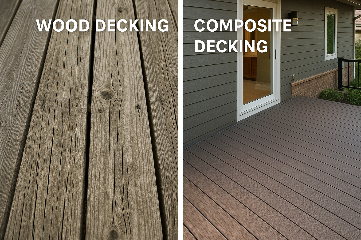 Side-by-side view of worn wooden deck boards next to clean, modern composite decking attached to a Colorado home