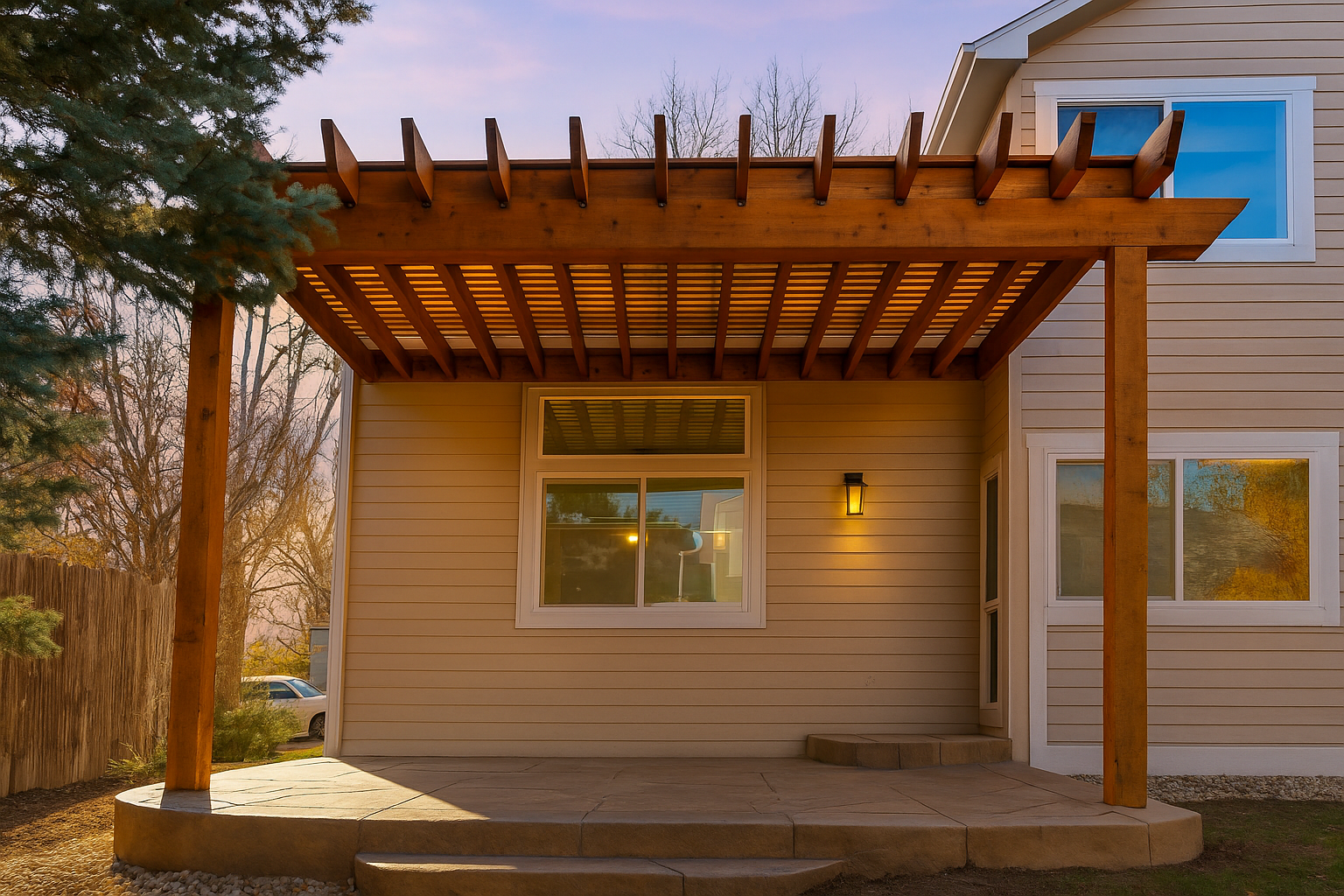 A newly built wooden pergola attached to a beige two-story suburban home, with clean lines and natural wood tones, creating a shaded area over a stone patio in a quiet backyard setting.