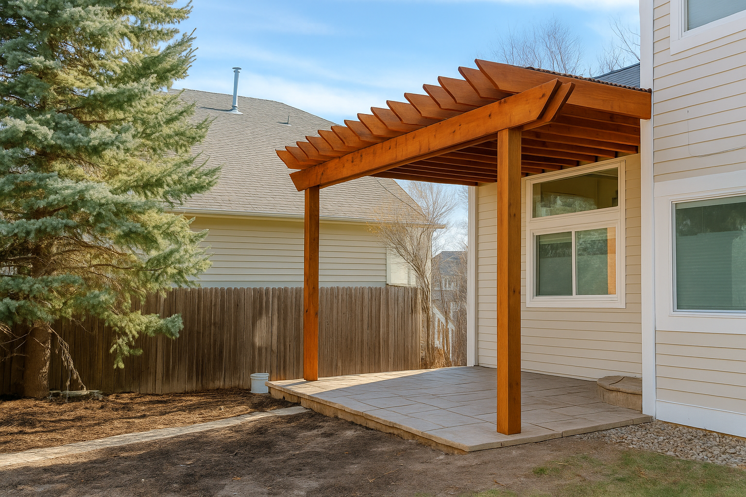 A high-resolution photo of a backyard pergola attached to a beige two-story house. The wooden pergola features exposed beams and slatted roofing, providing partial shade over a stone-paved patio. The area is surrounded by neighboring houses, a wooden fence, and evergreen trees.