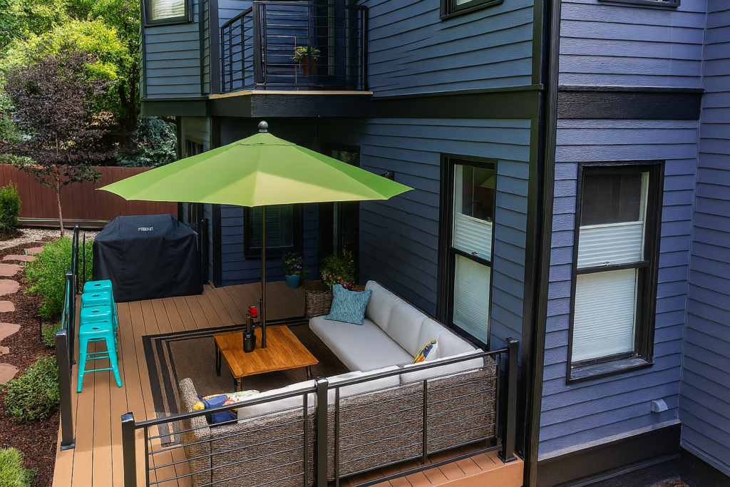 A high-resolution photo of a two-story dark blue house with a modern composite wood deck, featuring a green umbrella, white sectional sofa, teal barstools, and lush landscaping, creating an inviting summer outdoor space.
