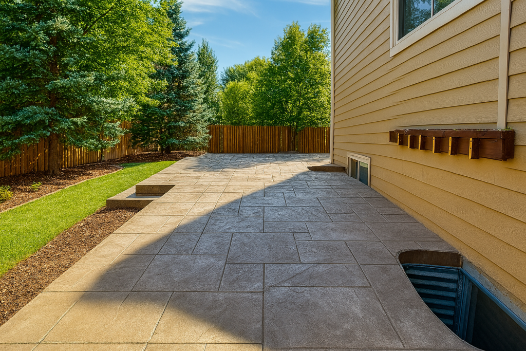 A freshly installed stamped concrete patio with a clean, modern layout featuring rectangular patterns in neutral tones, positioned beside a tan-colored house with basement window wells, creating a smooth and durable outdoor surface ideal for backyard use.     