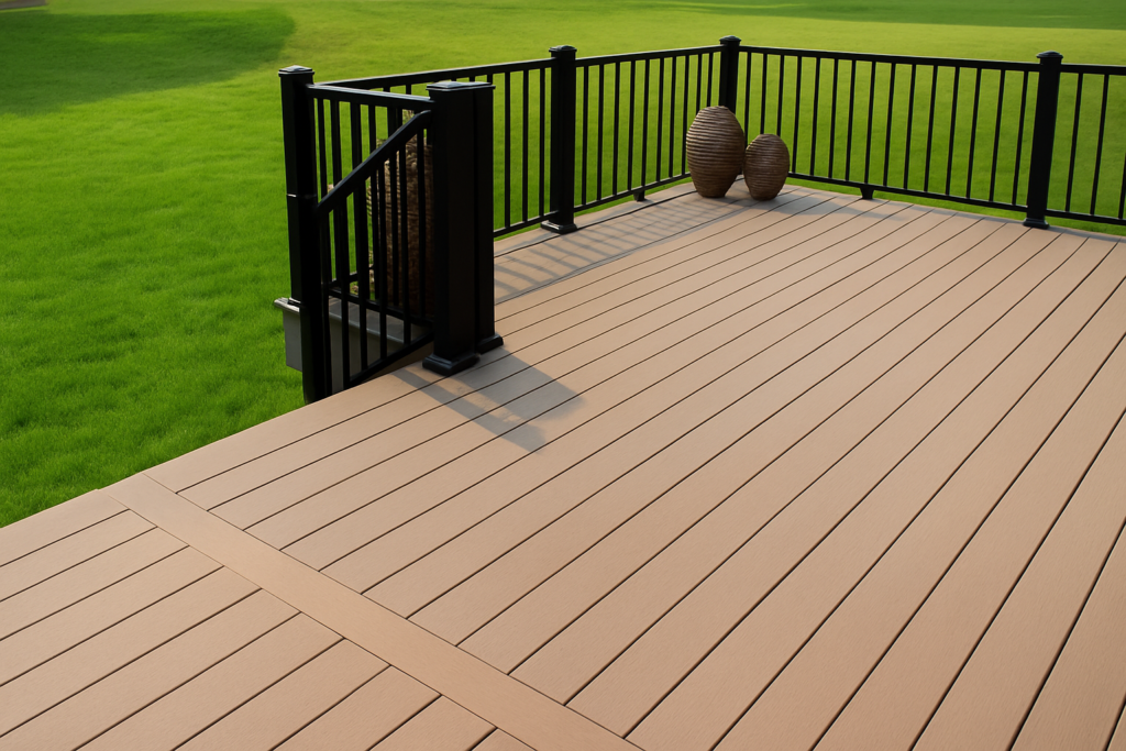 A fireproof deck built with composite materials and black metal railing, showcased in a Colorado backyard, offering a safe and stylish outdoor living area.