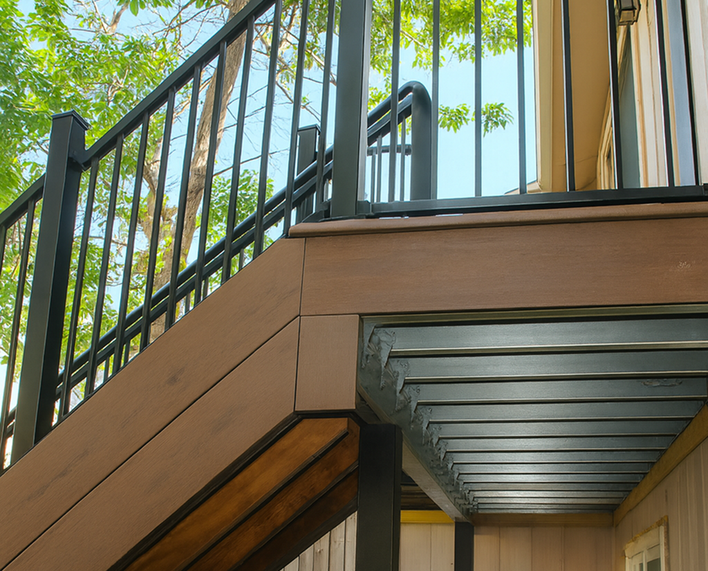 close-up of steel deck construction Colorado showing framing, railing, and durable deck structures