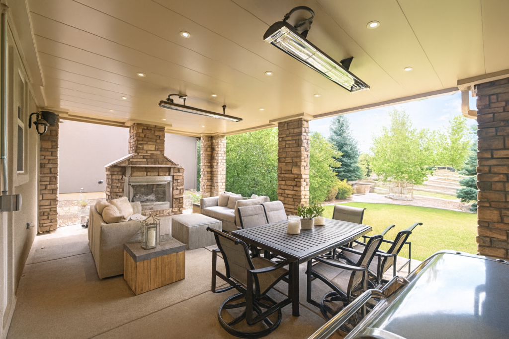 elegant undercover deck system Colorado featuring outdoor living area with fireplace, lighting, and patio protection