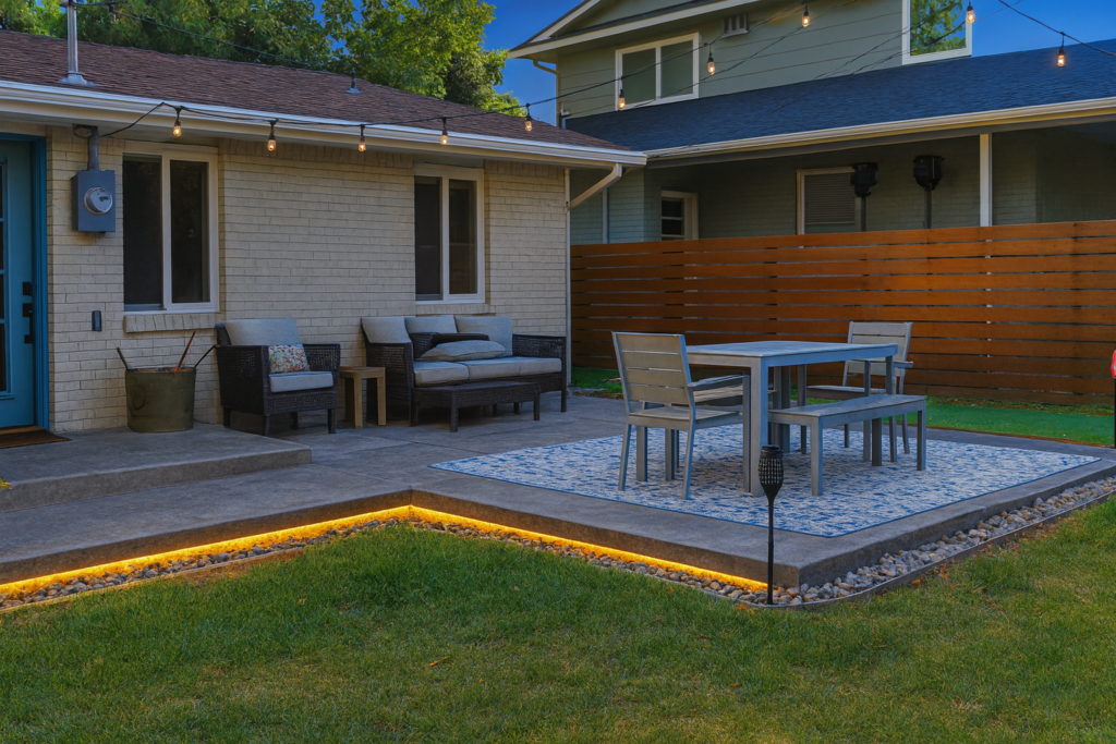 Dusk view of a stamped concrete patio in a Colorado backyard, showing warm LED edge lighting, outdoor dining set, lounge seating and a wood privacy fence.