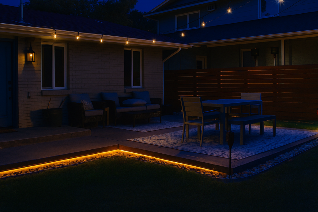 Night view of a stamped concrete patio with integrated warm LED lighting along the edge, highlighting the outdoor dining and lounge areas in a Colorado backyard.