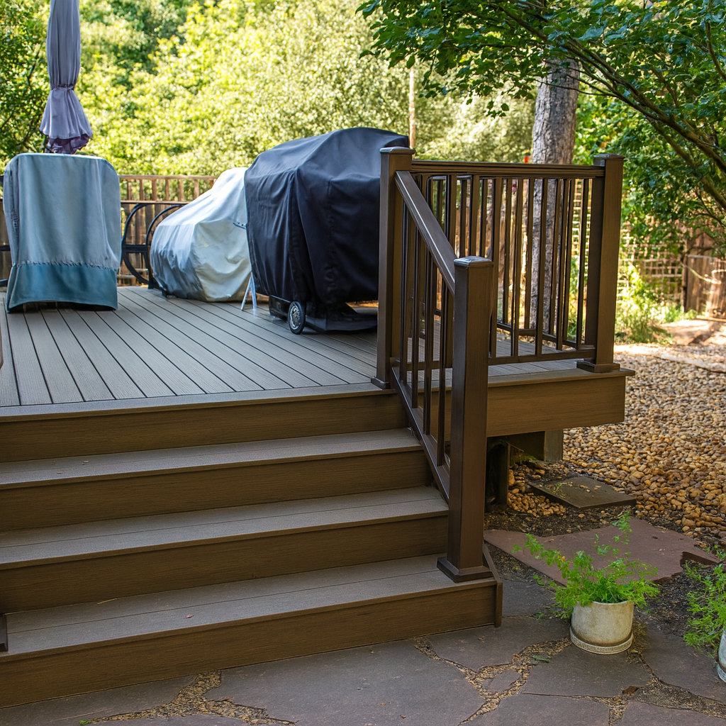 Premium deck railing with stairs on a composite deck in Colorado backyard